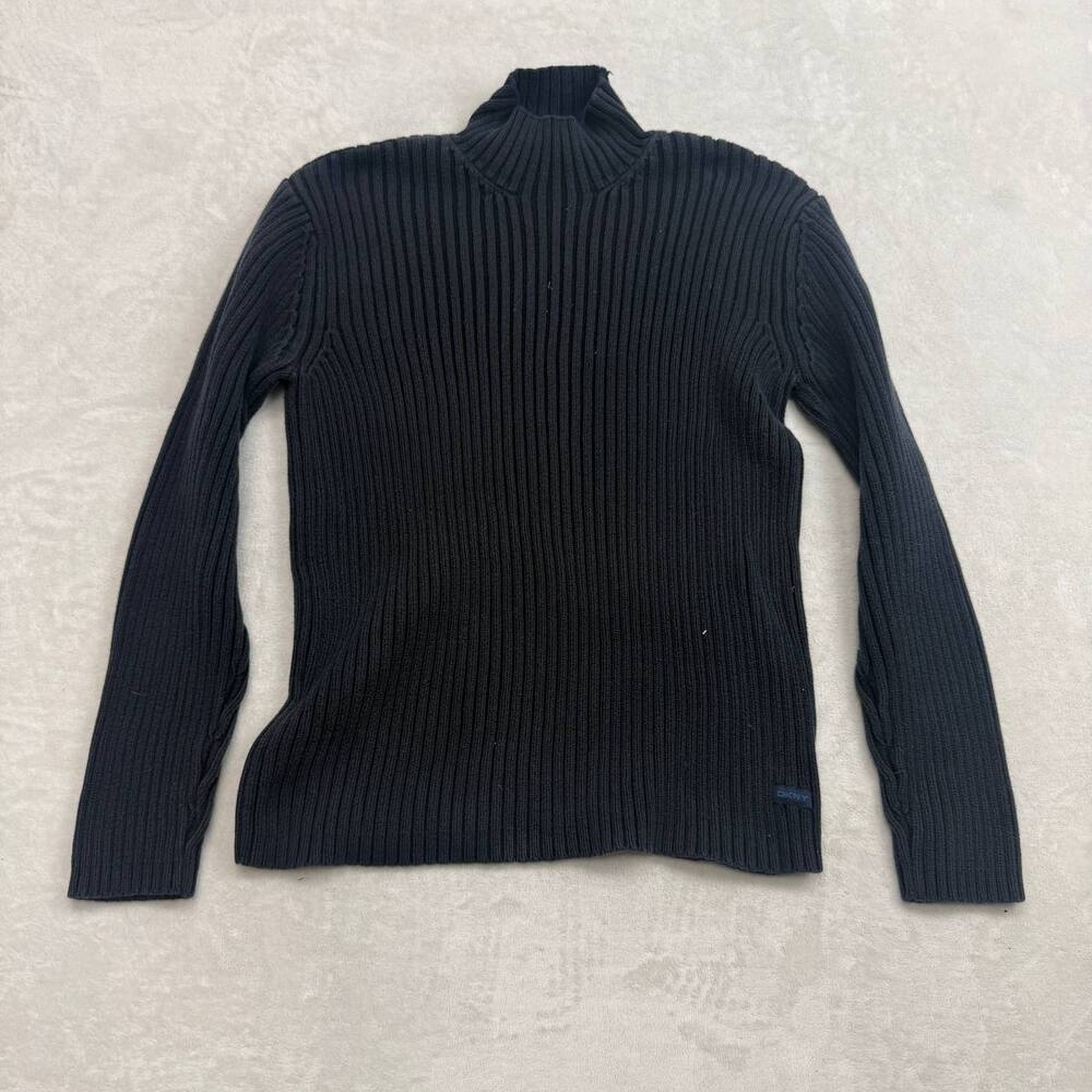 DKNY Women's Ribbed Mock Neck Sweater Black Size L 100% Cotton Long Sleeve